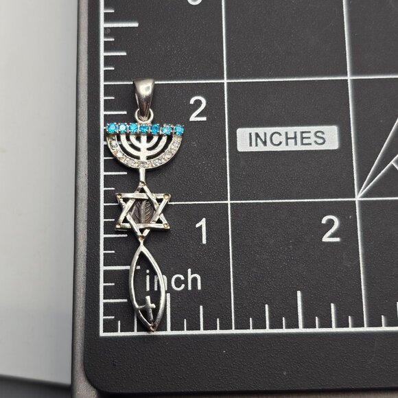 925 Sterling Silver Messianic‑Style Pendant 2" Star Menorah Fish Symbol 3.88g - Picture 8 of 9